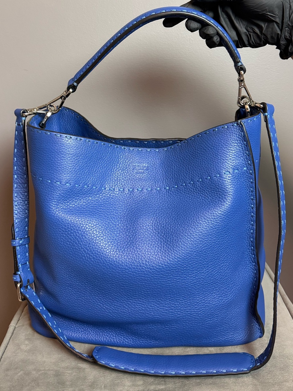 FENDI Authentic Selleria Anna Shoulder Bag Leather 2way Blue and Silver